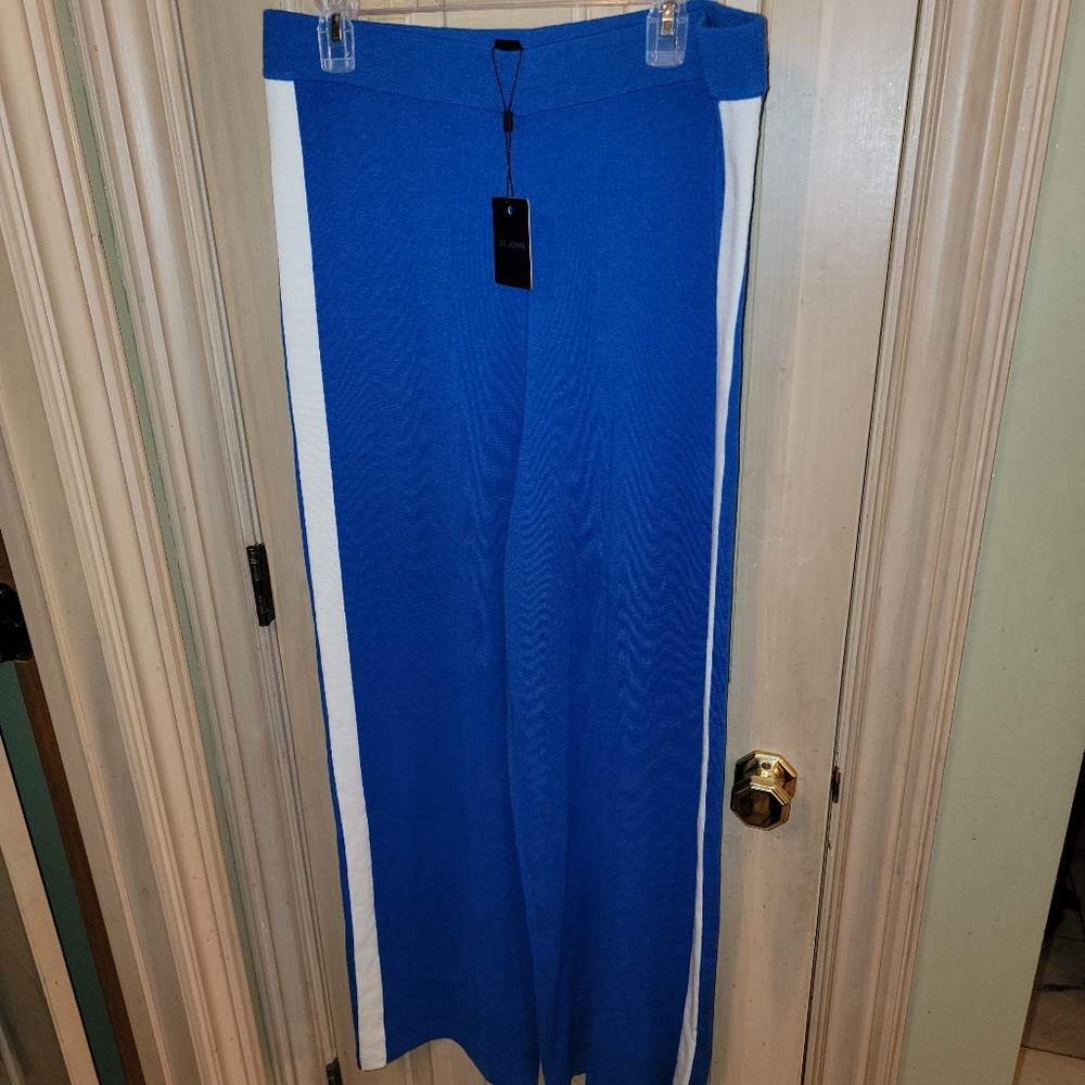 NWT St John sz L Scuba Blue Wide leg Elegant Knit Pants White Stripe Luxury - Picture 2 of 6